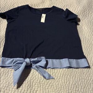 J Crew Navy Short Sleeve Tie-Hem Top with Light Blue Trim